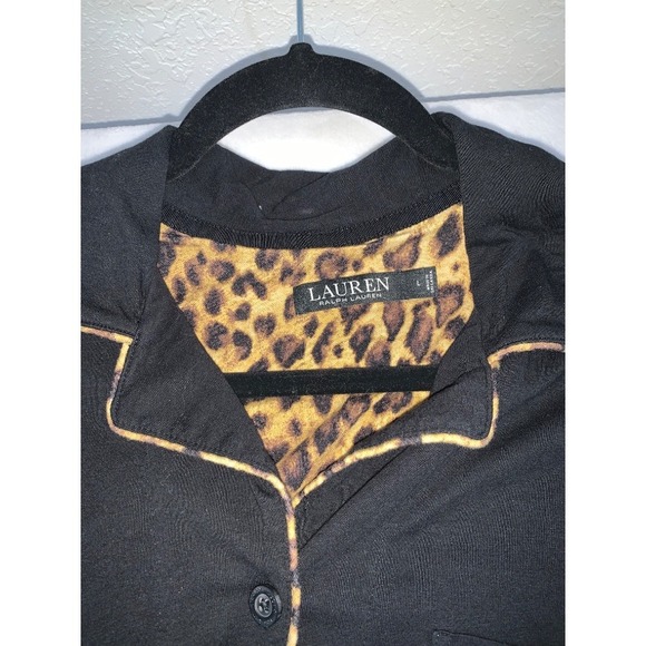 Lauren Ralph Lauren black Pajama Top Leopard Trim Button Down Sleep Shirt Large - Picture 2 of 8